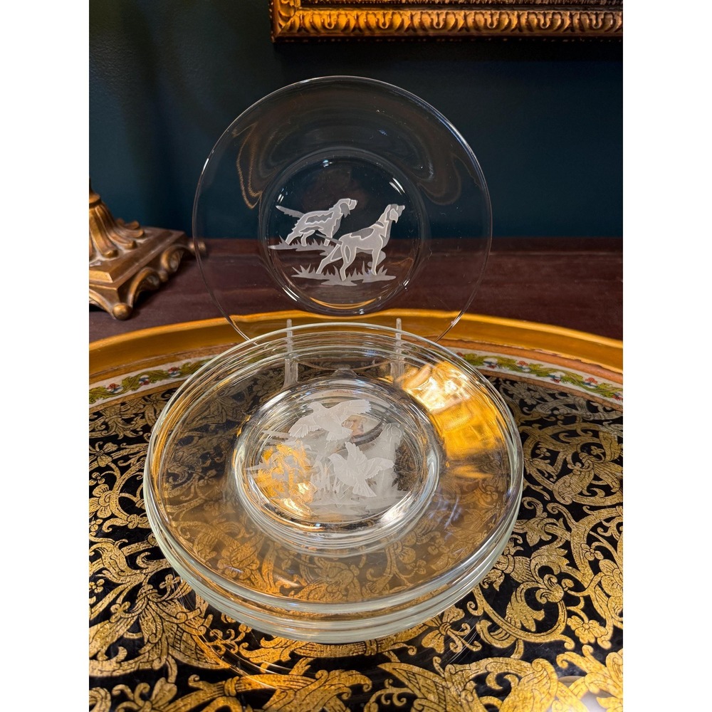 Vintage Etched Glass Hunting Plates‎ - Mid-Century Rustic Lodge Decor